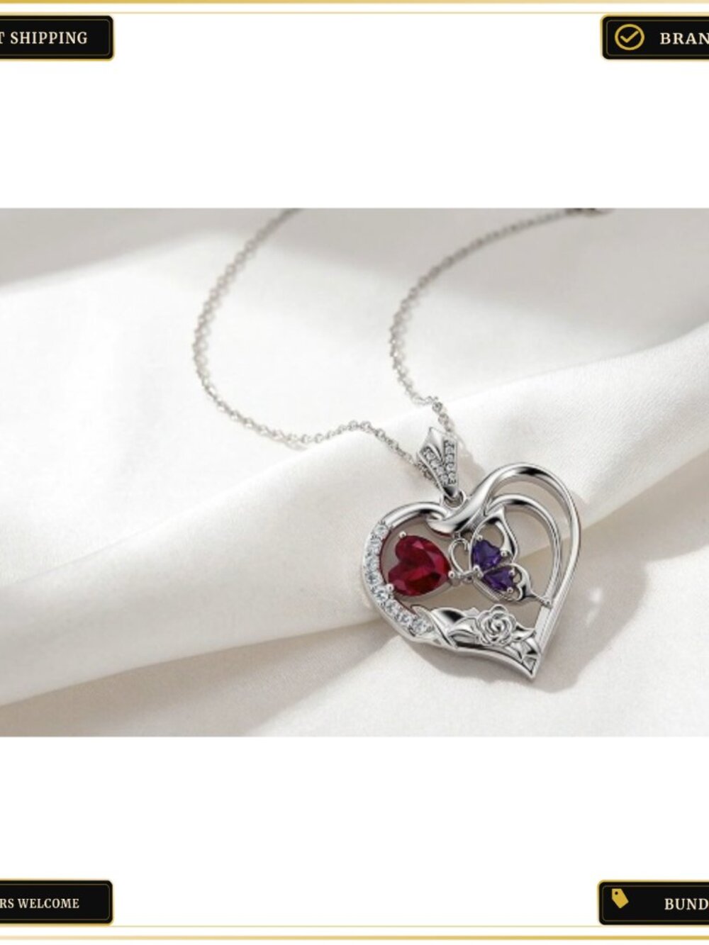 18K White Gold Plated Heart Pendant Necklace with Butterfly Rose Crystal - Picture 6 of 6